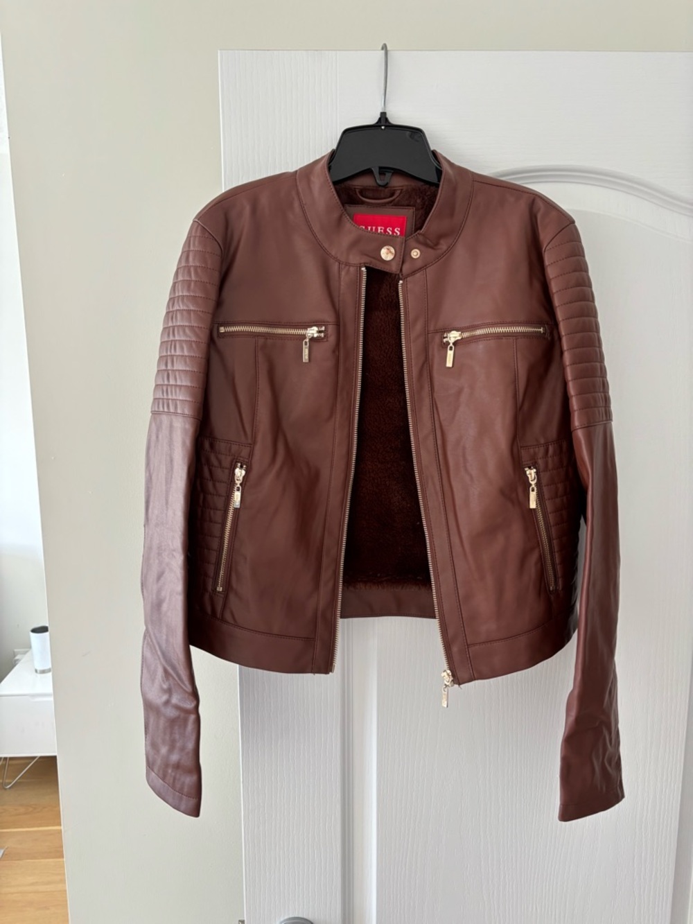 Guess Brown Faux Leather Moto Jacket with Gold Hardware